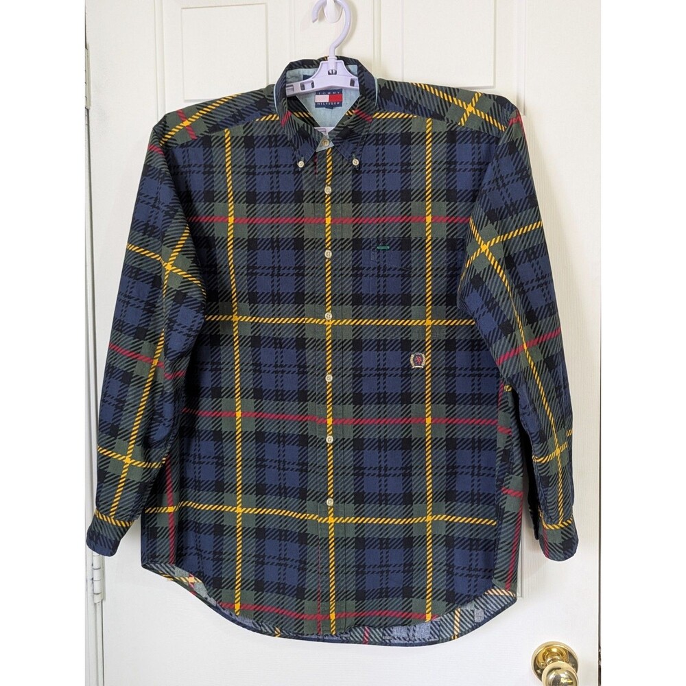 Tommy Hilfiger Button L/S Shirt Mens Large Navy Plaid Cotton Logo Preppy Y2K